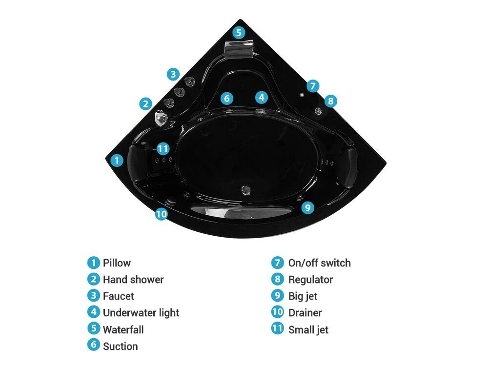 Whirlpool Corner Bath With LED Black TOCOA Various Sizes - Image 9