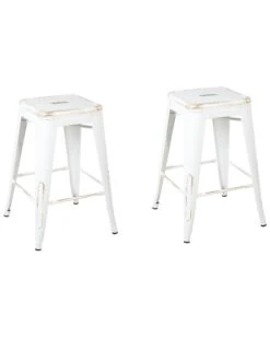Set Of 2 Metal Stools 60 Cm White With Gold CABRILLO