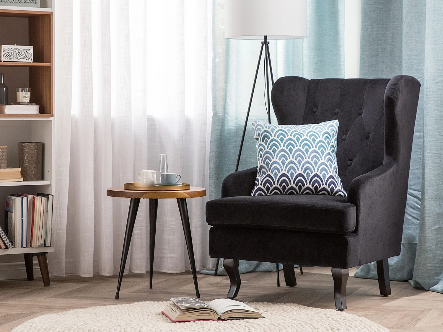 Velvet Fabric Wingback Chair Black ALTA - Image 2