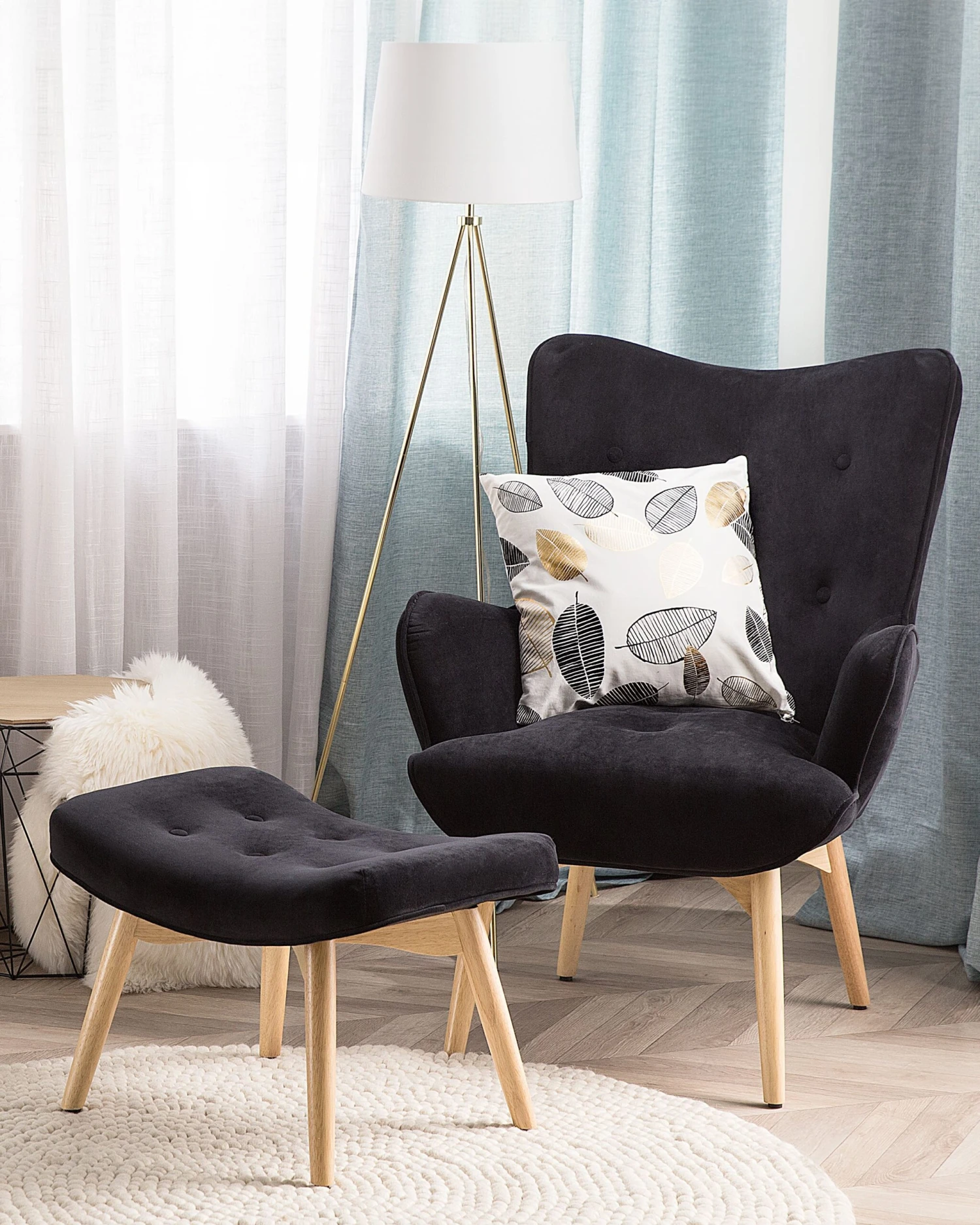 Velvet Wingback Chair With Footstool Black VEJLE - Image 2