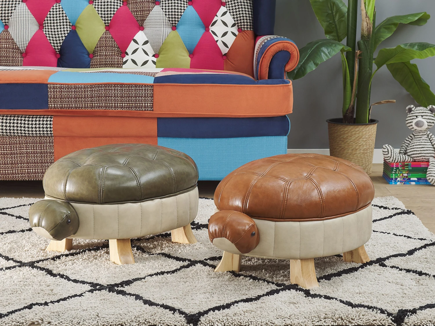 Faux Leather Animal Stool Brown TURTLE - Image 2