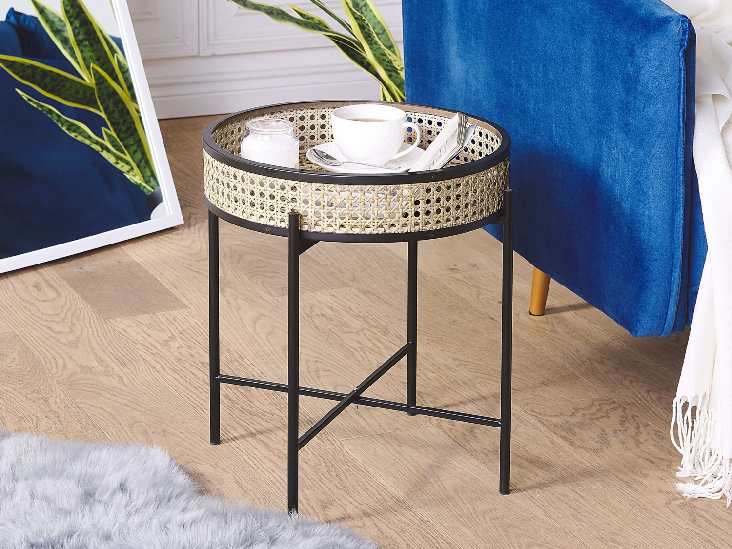 Tray Side Table Black With Light Rattan VIENNA - Image 2
