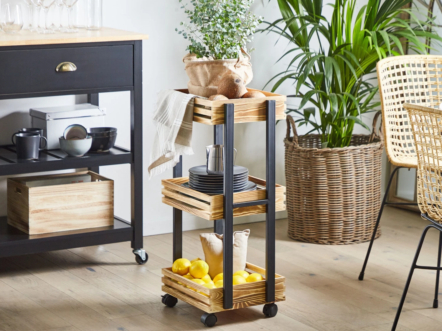 3 Tier Kitchen Trolley Light Wood With Black LETINO 4 3 Tier Kitchen Trolley Light Wood With Black LETINO - Image 2