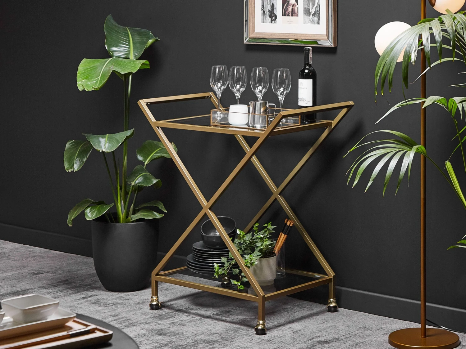 Metal Drinks Trolley With Glass Top Gold IVERA - Image 2