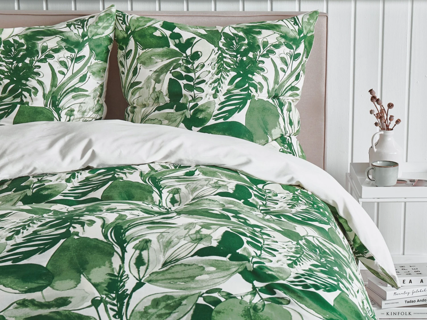 Cotton Duvet Cover Set Leaf Pattern White And Green GREENWOOD Various Sizes - Image 3