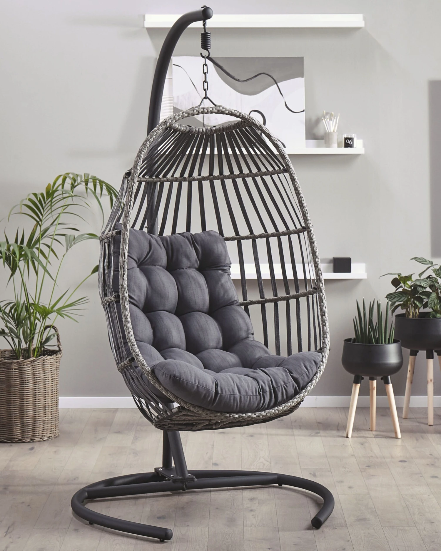 PE Rattan Hanging Chair With Stand Dark Grey SESIA - Image 2