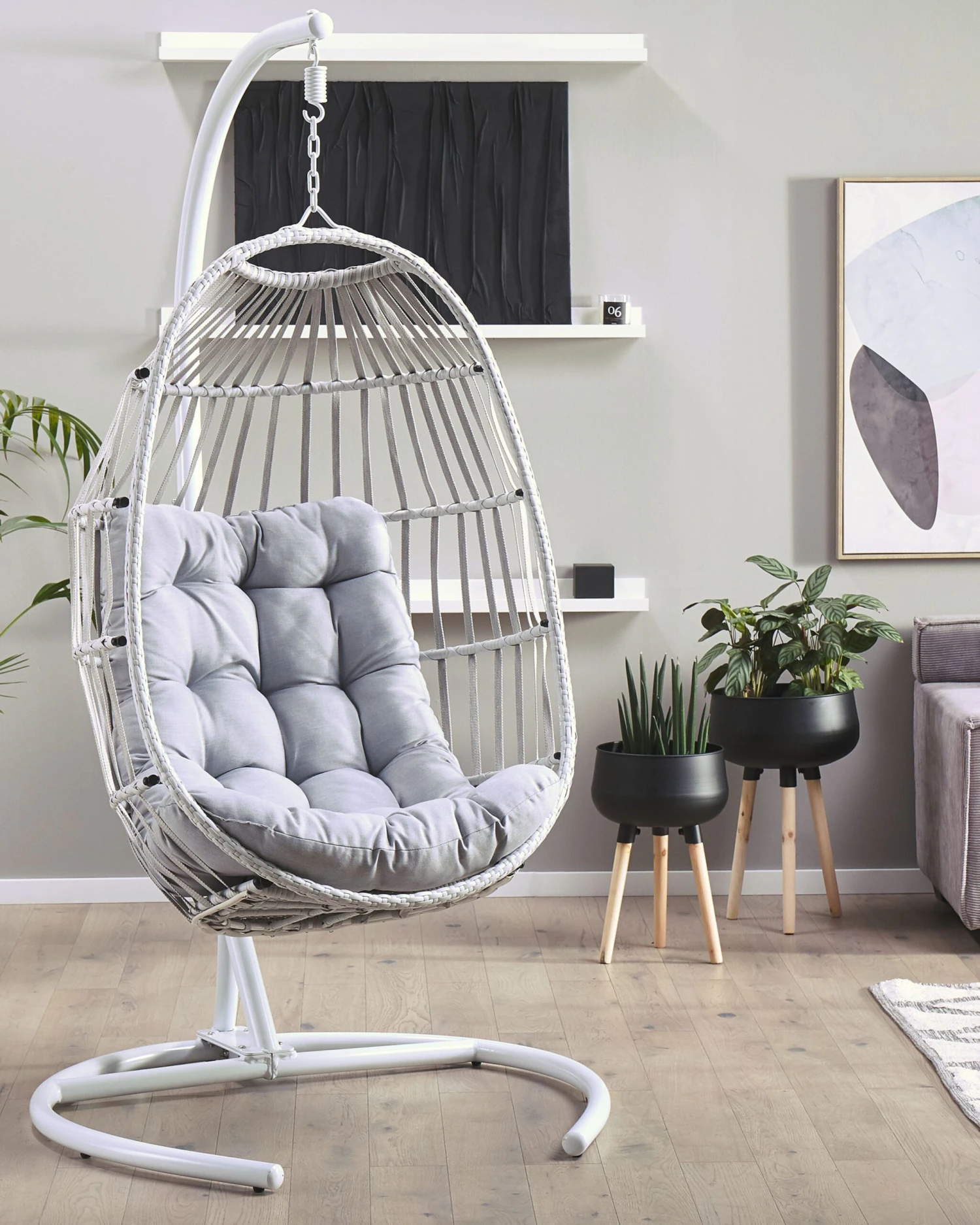 PE Rattan Hanging Chair With Stand Light Grey SESIA - Image 2