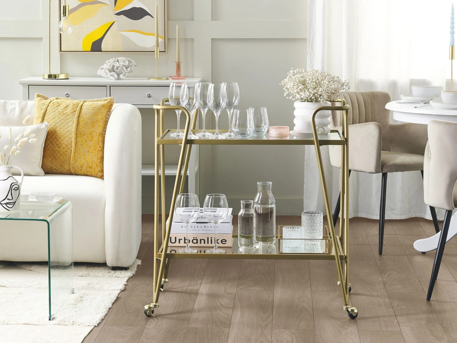 Metal Drinks Trolley With Glass Top Gold NOTI 4 Metal Drinks Trolley With Glass Top Gold NOTI - Image 2