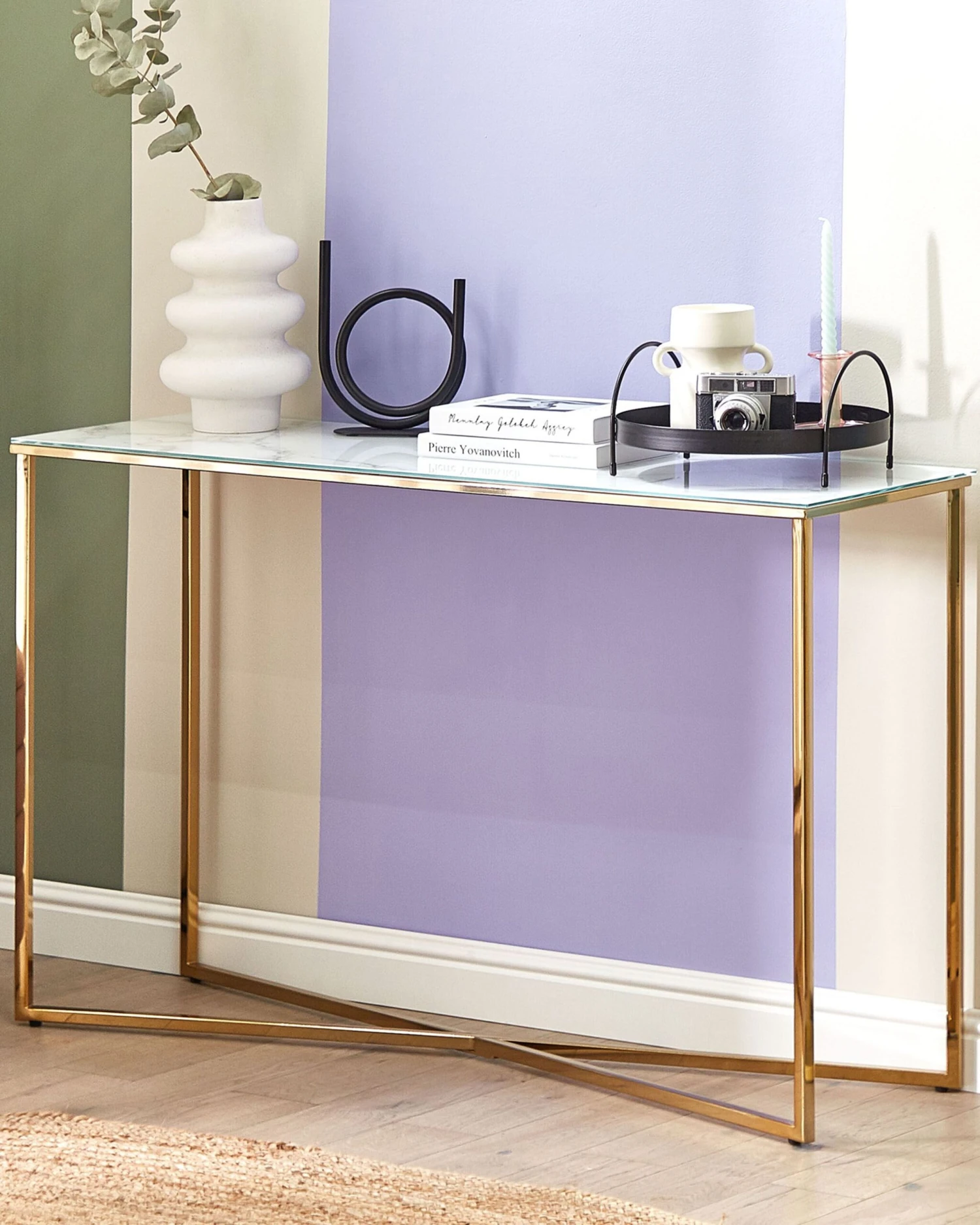 Glass Top Console Table Marble Effect White And Gold ROYSE - Image 2