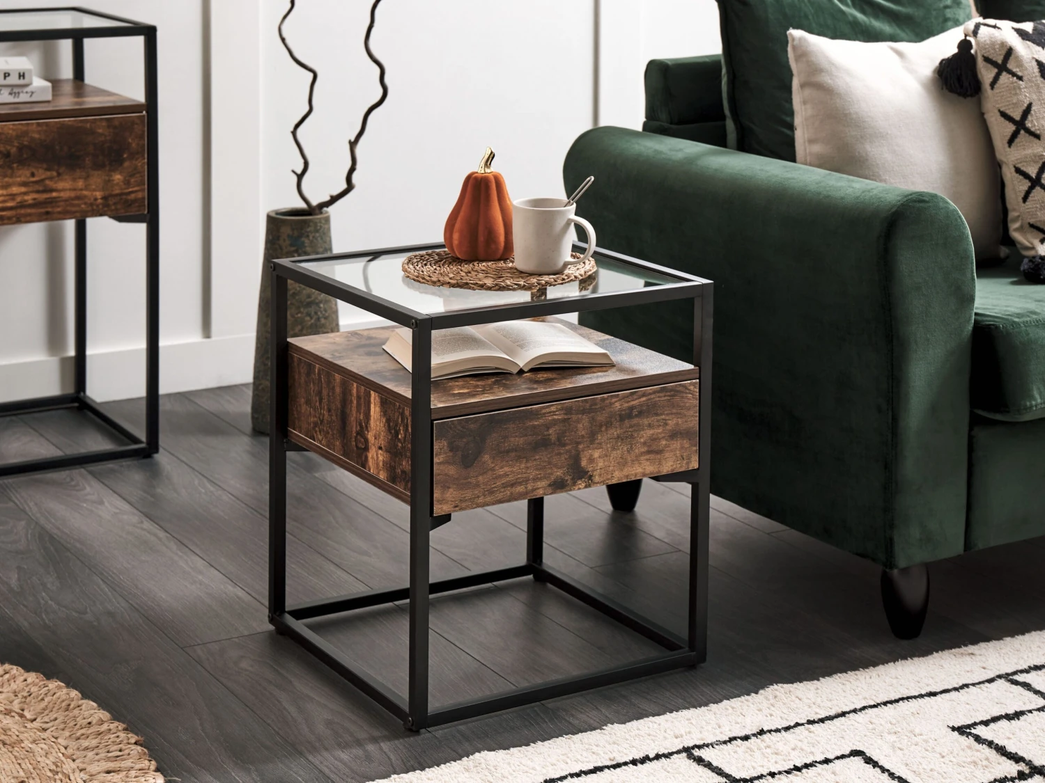 1 Drawer Glass Top Side Table Dark Wood With Black MAUK - Image 2