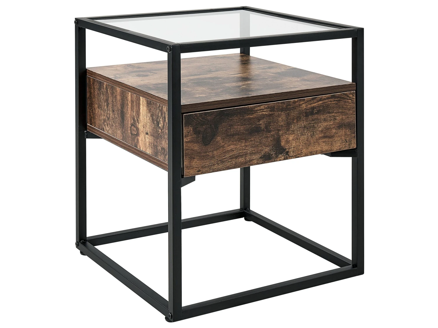 1 Drawer Glass Top Side Table Dark Wood With Black MAUK